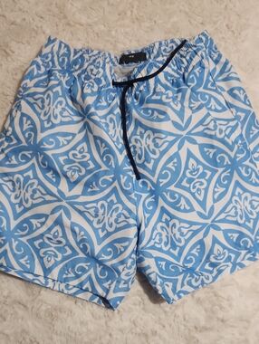 H&M Light Blue and White Patterned Swim Shorts